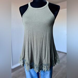 Stylish Olive Tank Top with Lace Trim